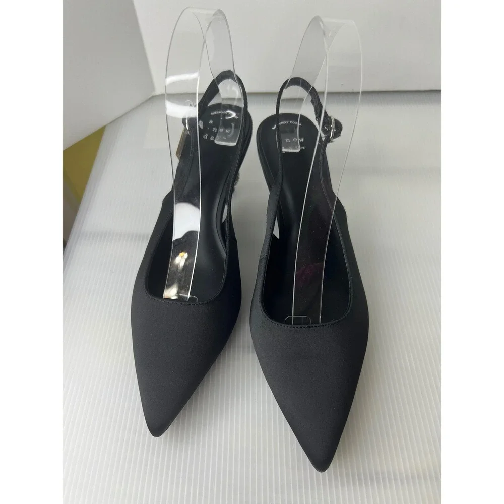 A New Day Womens Black Satin Slingback Rhinestone Ball Heel Pumps Size 6 NEW‎